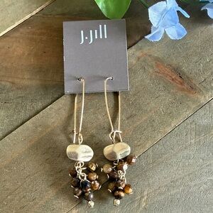 J. Jill Tiger’s Eye Beaded Dangle Earrings Gold Tone Boho Cluster Drop